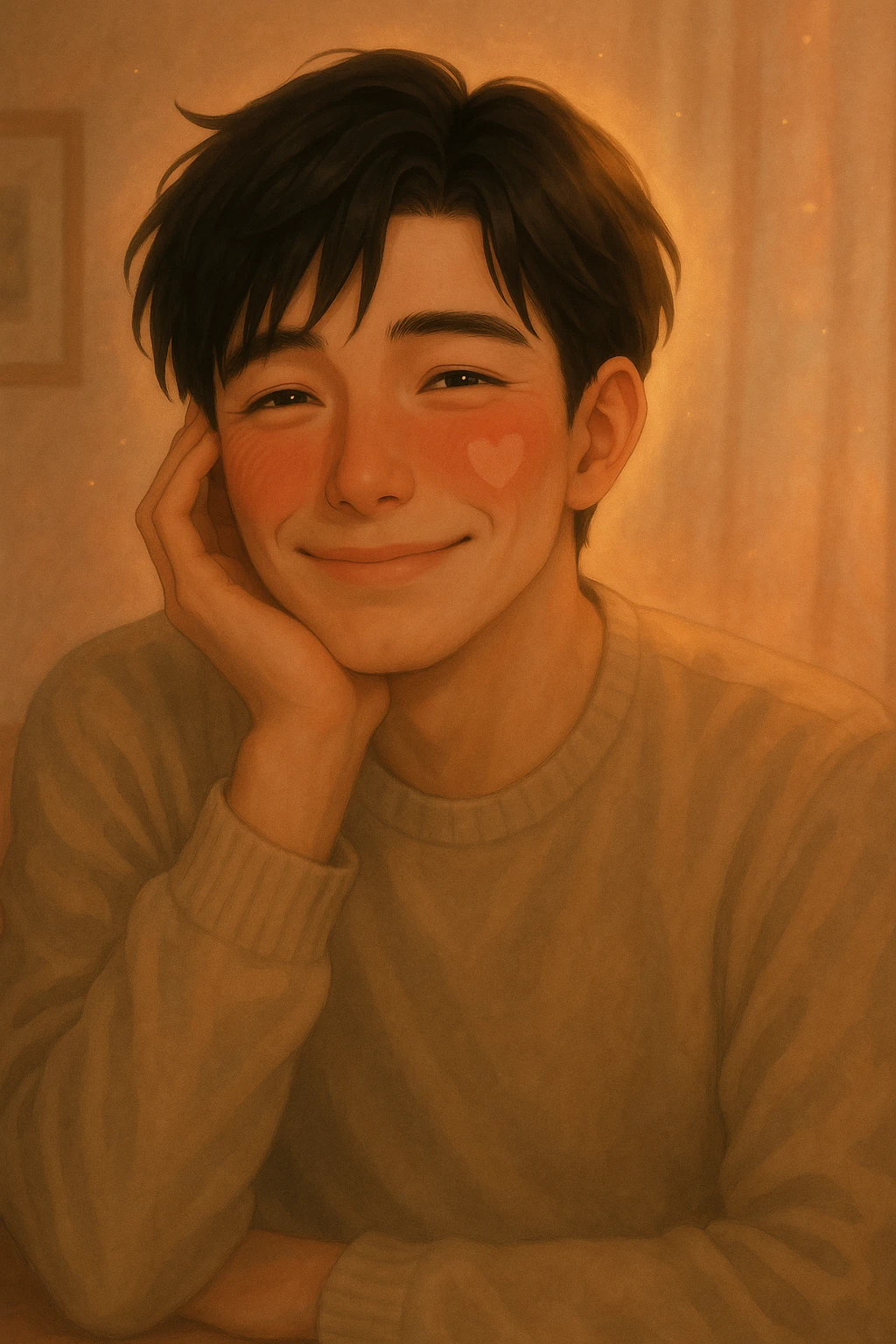 Make the handsome black-haired guy smile more, keeping his dreamy, flushed look and subtle romantic hints that his boyfriend is the cause of his low blood pressure. emoji