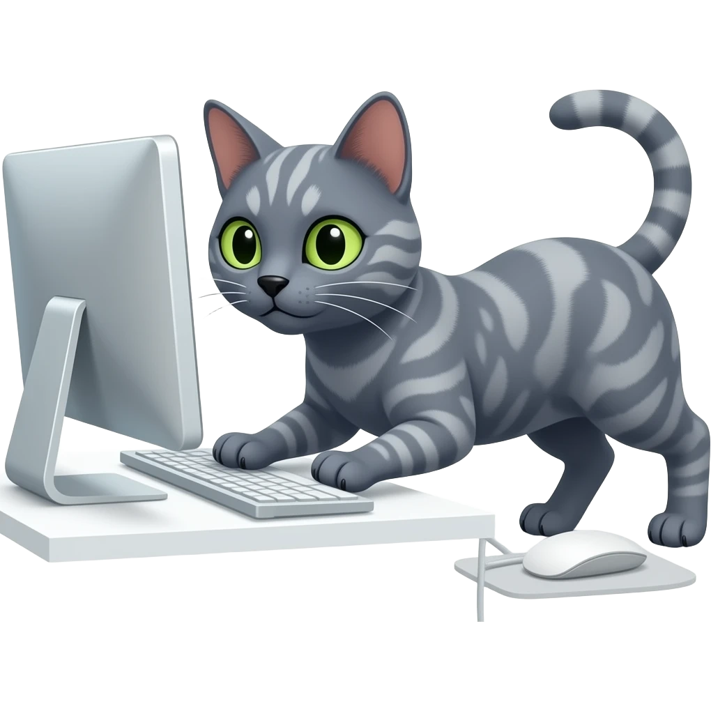 ((blue gray  tortoiseshell pattern cat shorthair)) ((black paws nose)) ((green eyes)) working on computer emoji