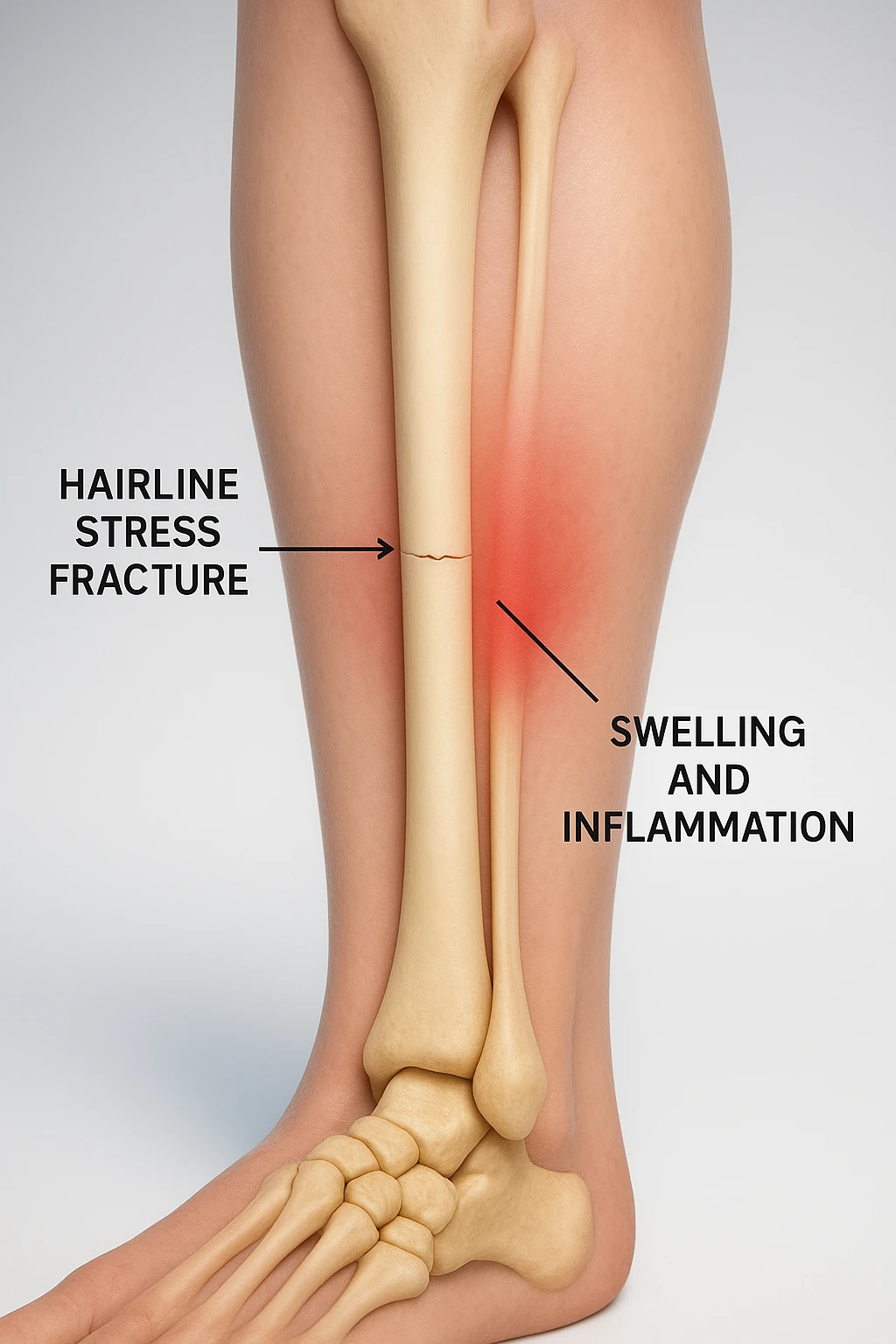 3D realistic medical illustration: a close-up of a human lower leg (tibia), showing the bone with a visible hairline stress fracture. The surrounding soft tissue is semi-transparent, highlighting mild swelling and inflammation. Educational labels point to the fracture site. The background is clean and clinical, with a subtle gradient. emoji