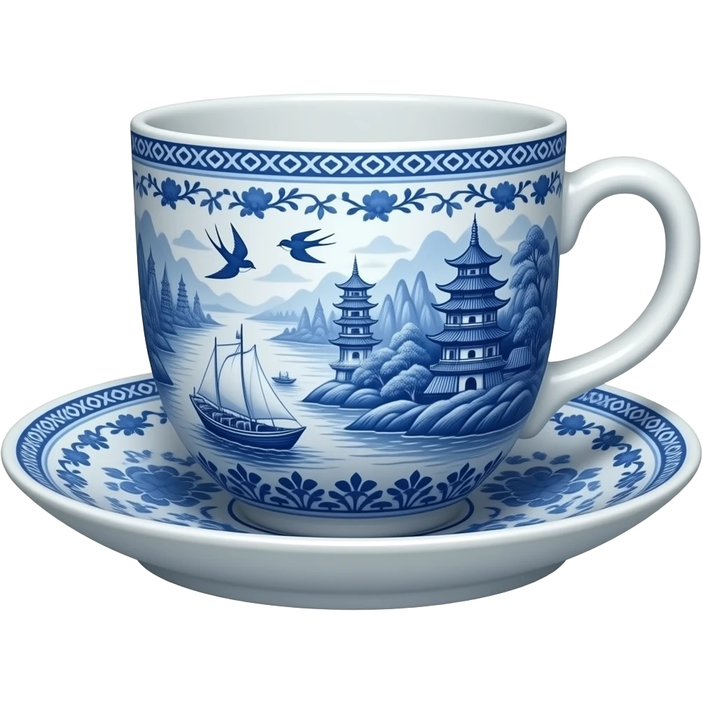chinoiserie blue willow china pattern teacup and saucer with a boat, pagodas and two swallows emoji