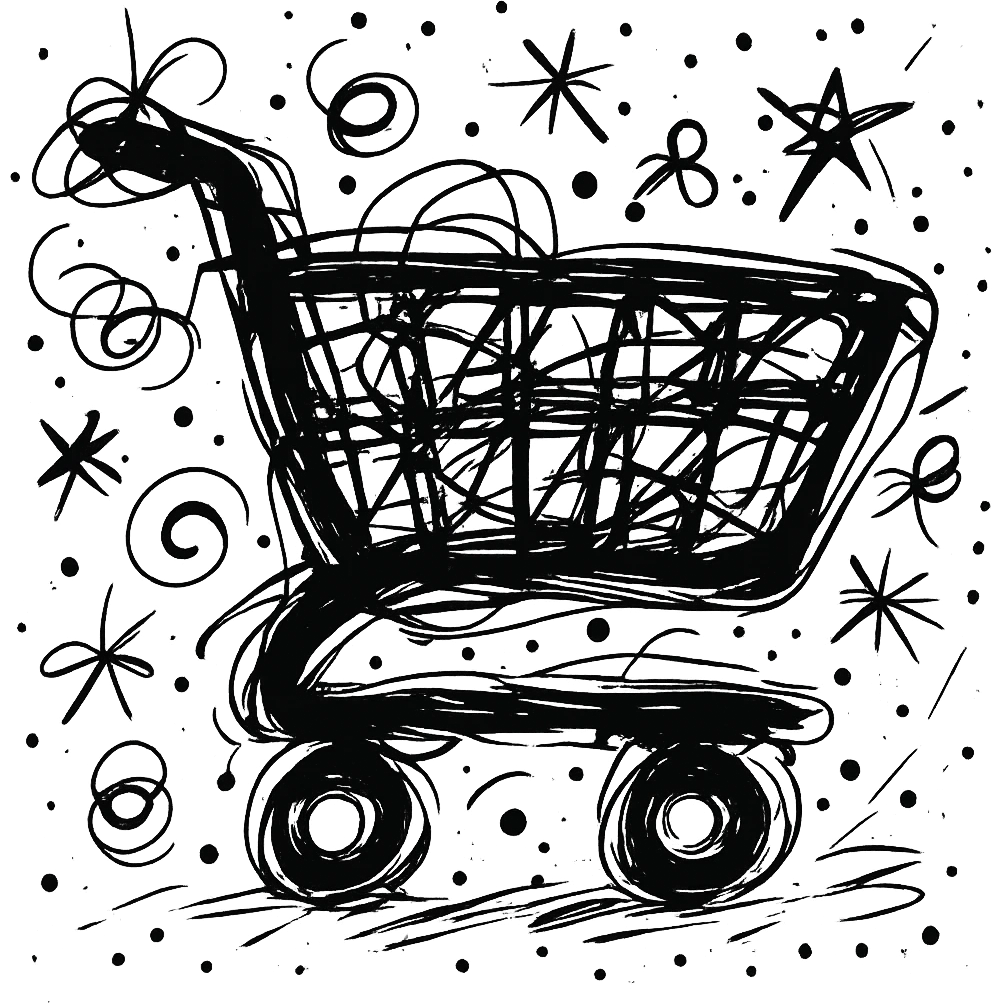black shopping cart icon facing right, chaotic doodle style, only black outline emoji