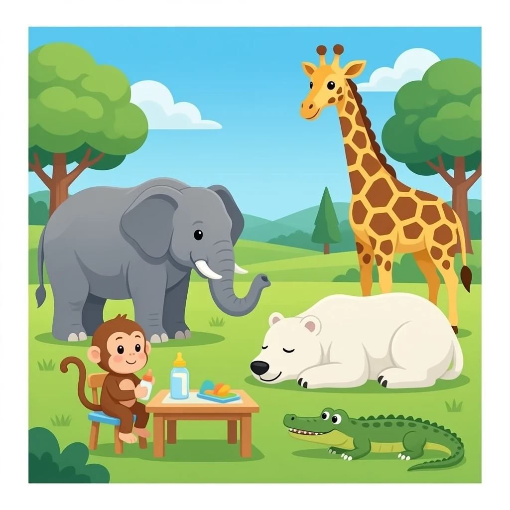 Zoo: elephant, giraffe, rhino feel lonely, polar bear sleep, and baby monkey with bottle and baby table, and alligator emoji