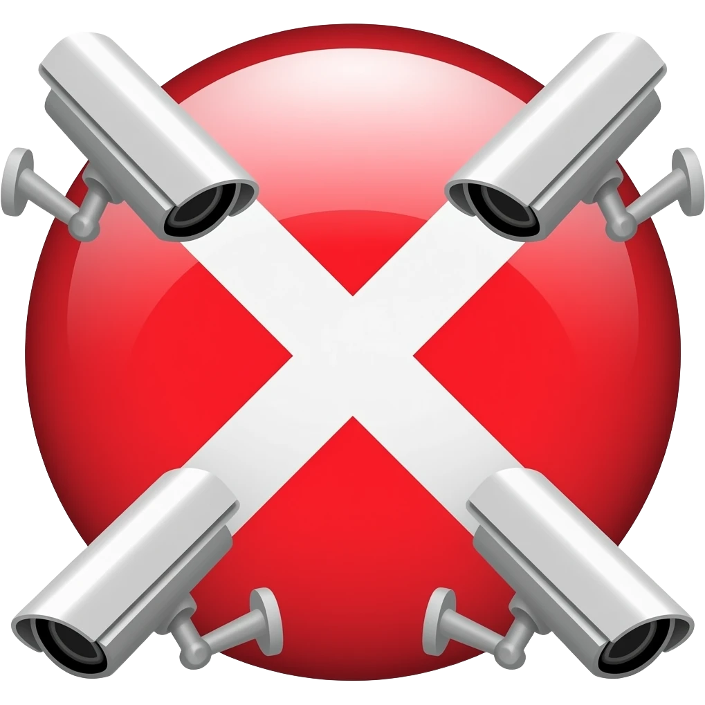 Red filled circle with white X, CCTV on end points of X emoji