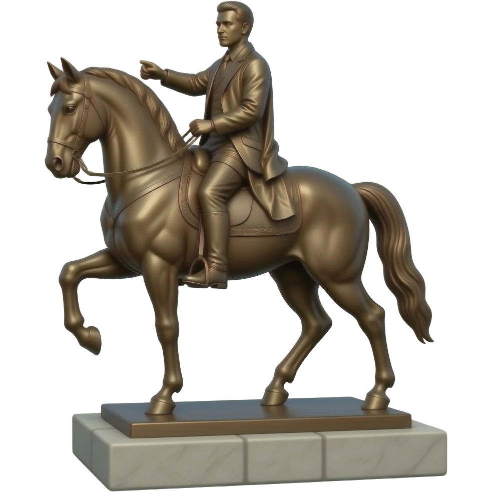 Bronze Statue of a guy riding a horse. The statue is on a stone plinth emoji