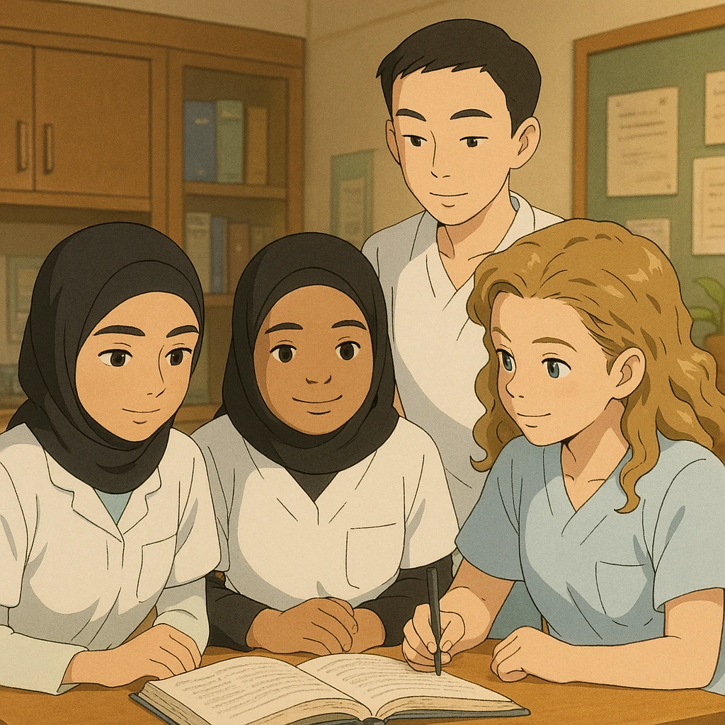 Quatre étudiants infirmiers en interaction, style Ghibli, en intérieur, tenues blanches à manches courtes, col en V, poche poitrine gauche, sans col ni stéthoscopes, pas de tissus sous les manches. Ambiance studieuse et bienveillante, détails inspirés des références. emoji