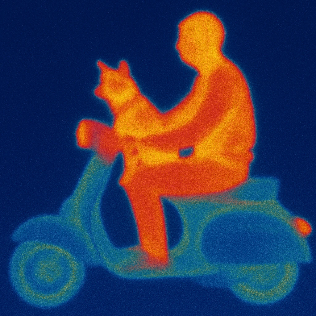 man and his pet dog riding a vespa emoji