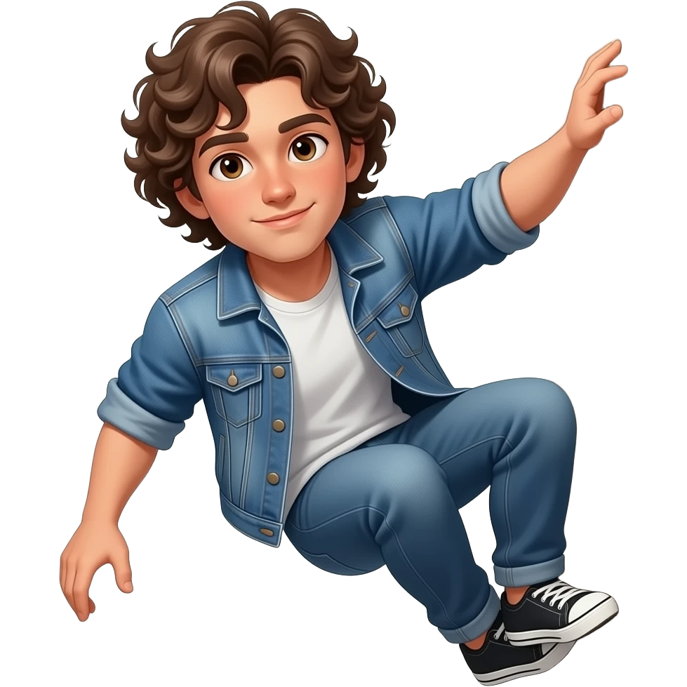 Hazme con el cuerpo entero de pie un chico con pelo rizado largo hacia abajo, ojos marrones, boca y nariz mediana. Bajito de constitución un poco fuerte un poco bronceado, camiseta y pantalon corto que este escalando de espaldas con una camiseta y una chaqueta tejana emoji