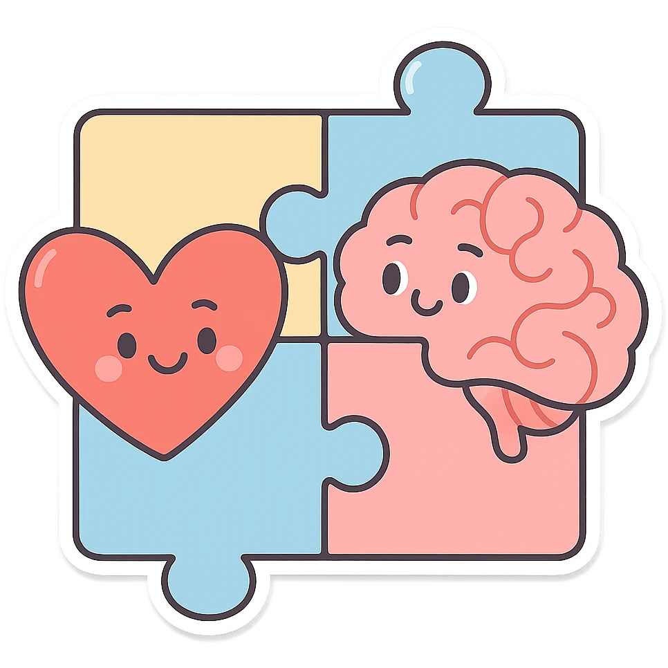 puzzle with one piece as a heart and another as a brain, symbolizing wholeness, pastel toon style, clear contours, soft shadows and highlights, transparent background, white outline emoji
