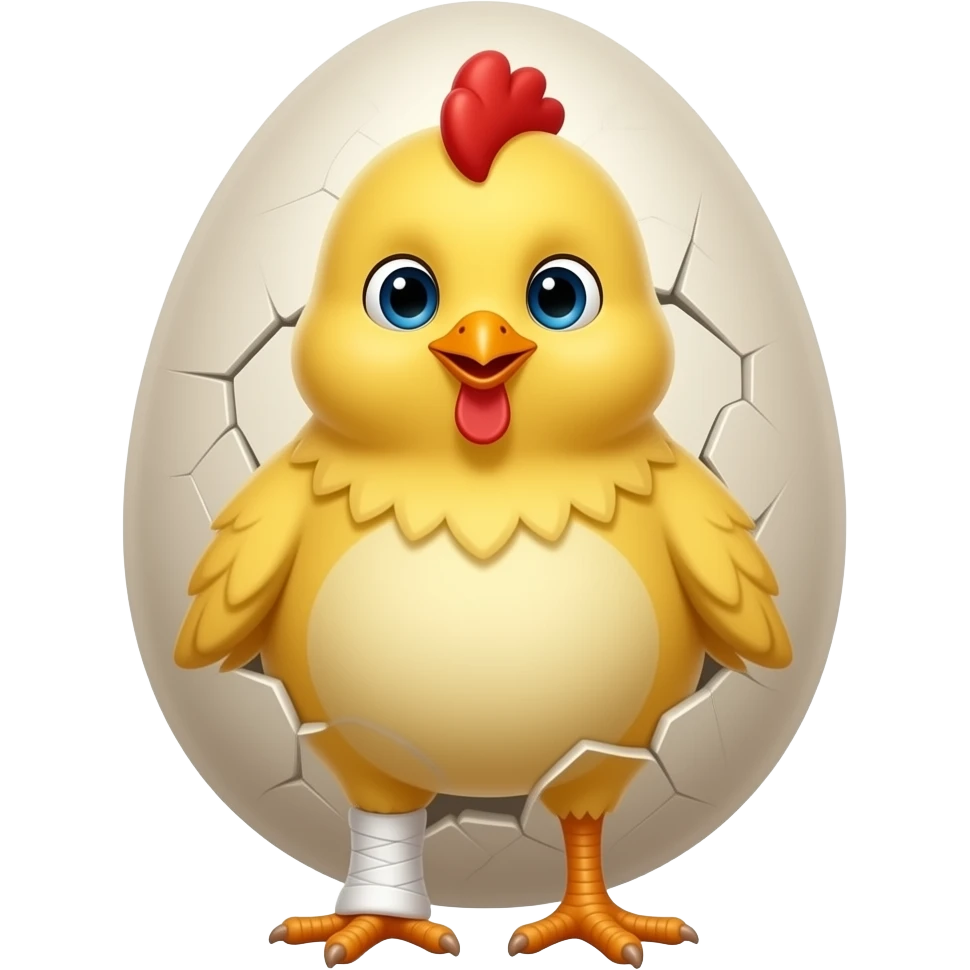 Chick with right leg cast coming out from cracked easter egg emoji