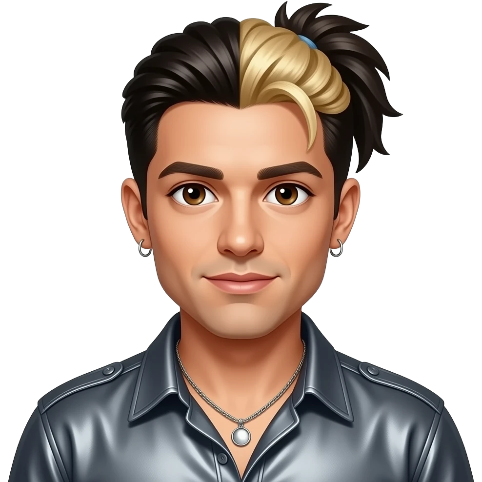 Chris Kirkpatrick from NSYNC with brown eyes, black 90s pineapple ponytail hair with white-blond highlights, dark grey metallic shirt, necklace and earrings emoji