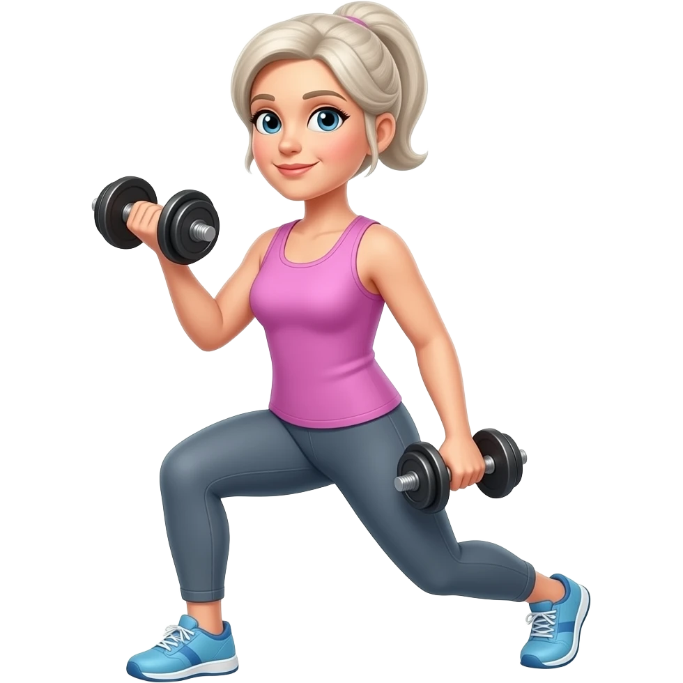 50 year old medium blonde hair woman doing weighted lunges with dumbbells emoji