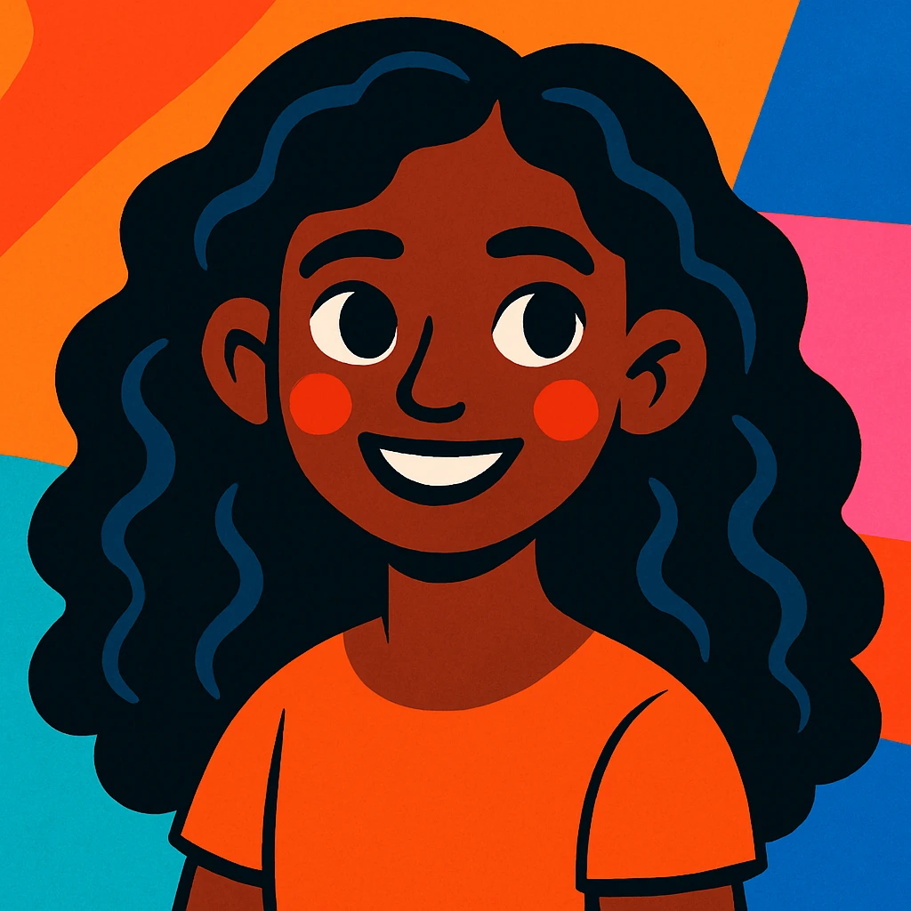 portrait of a dark-skinned girl with long curly hair, vibrant cartoon style emoji