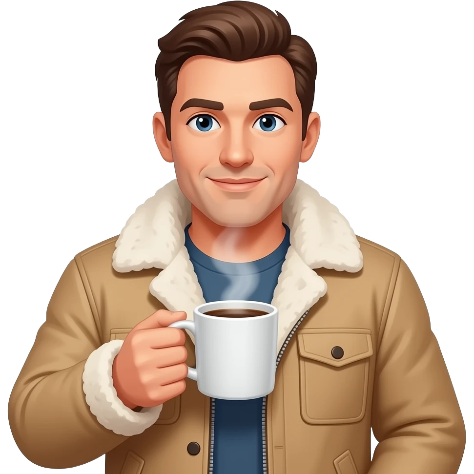 man with Winter baige fur Jacket and Hot Coffee emoji