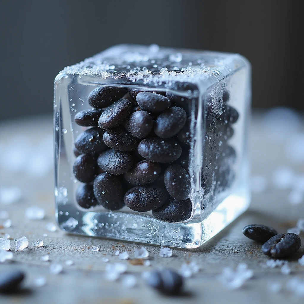 Make this image photorealistic, with black beans inside a clear ice cube. Add visible frost and condensation on the surface. Keep the background transparent. emoji