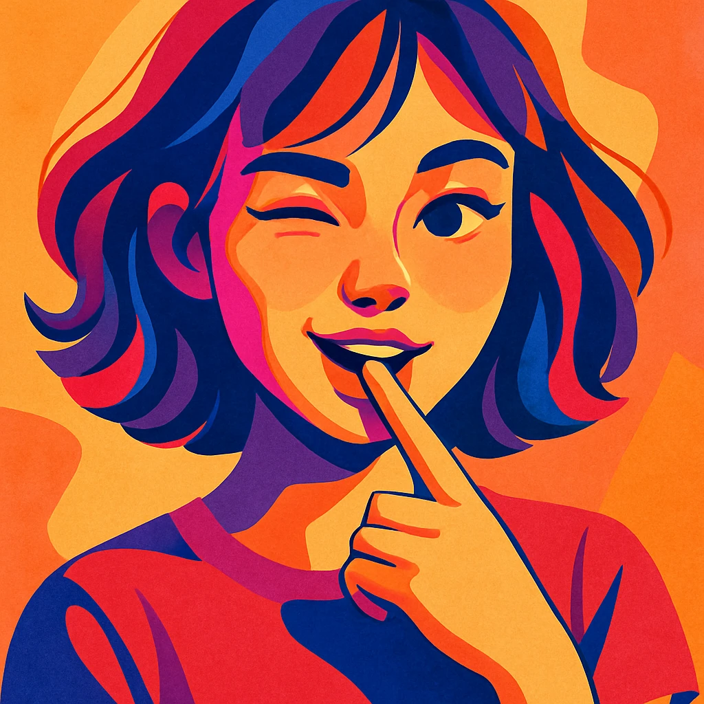 modern illustration of a girl with a finger in her mouth, playful expression, vibrant colors emoji