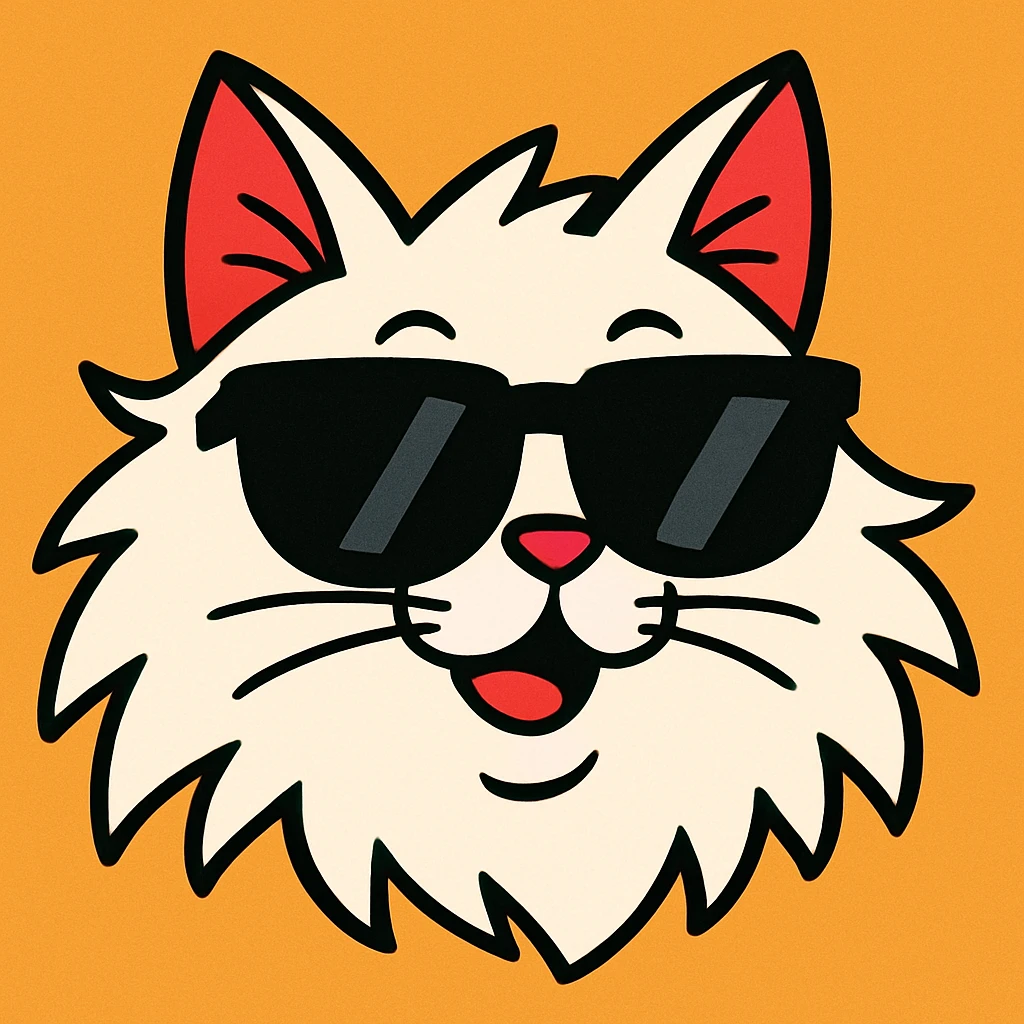white long-haired cat face with black sunglasses, playful cartoon style emoji