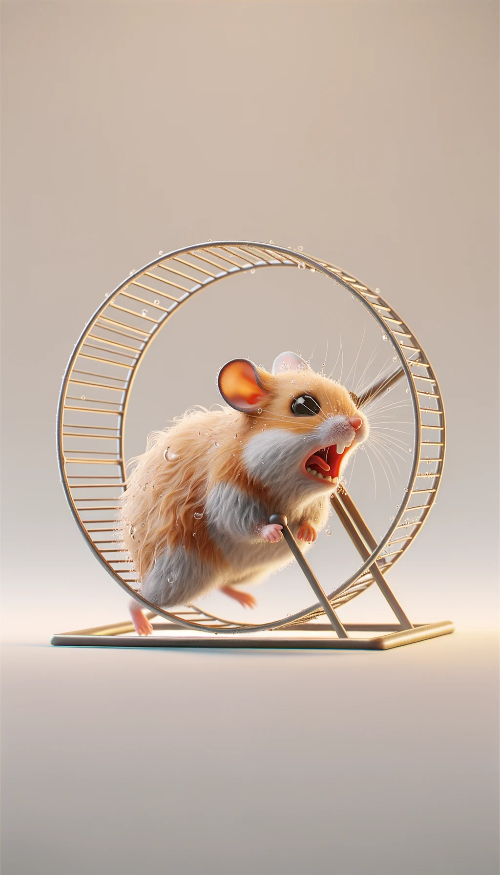 criceto stressato che corre sulla ruota, sfondo chiaro, iperrealistica 4k emoji