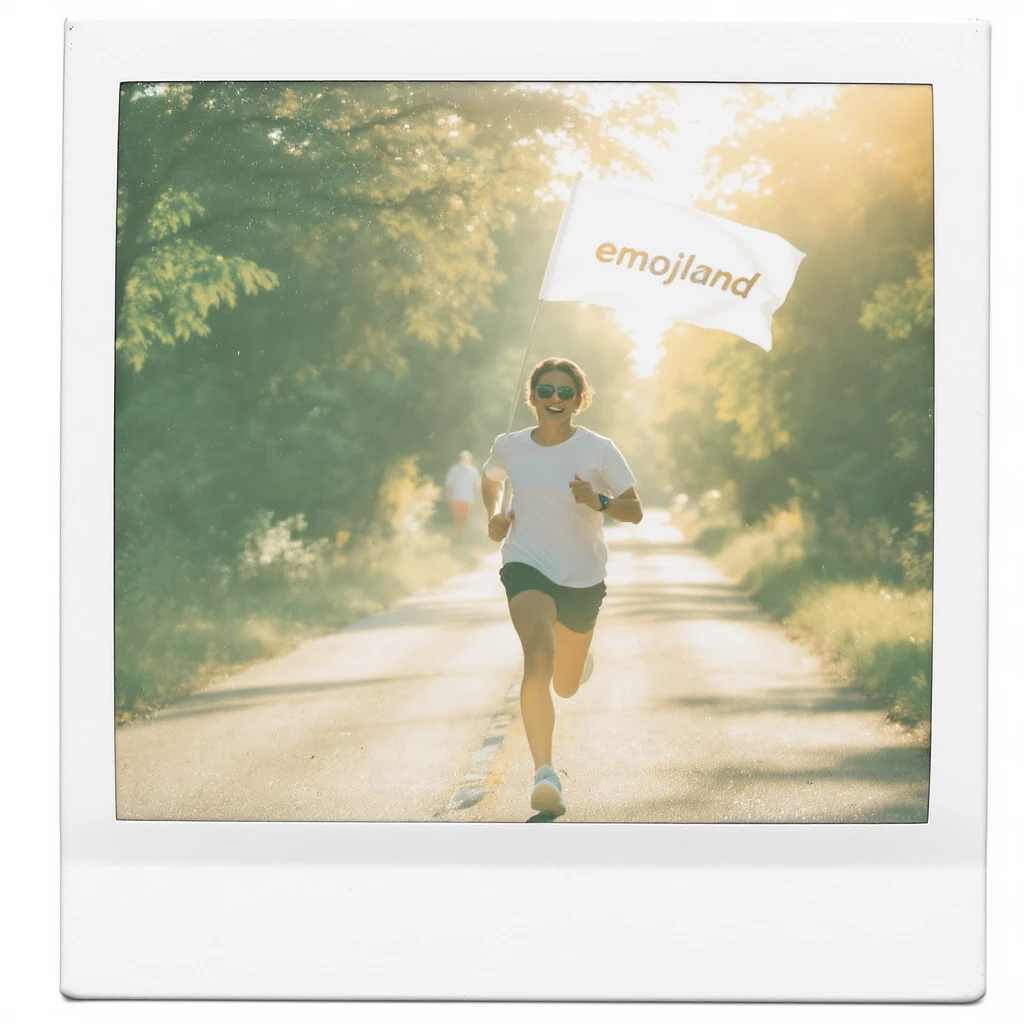 happy runner waving a flag that says 'emojiland' emoji