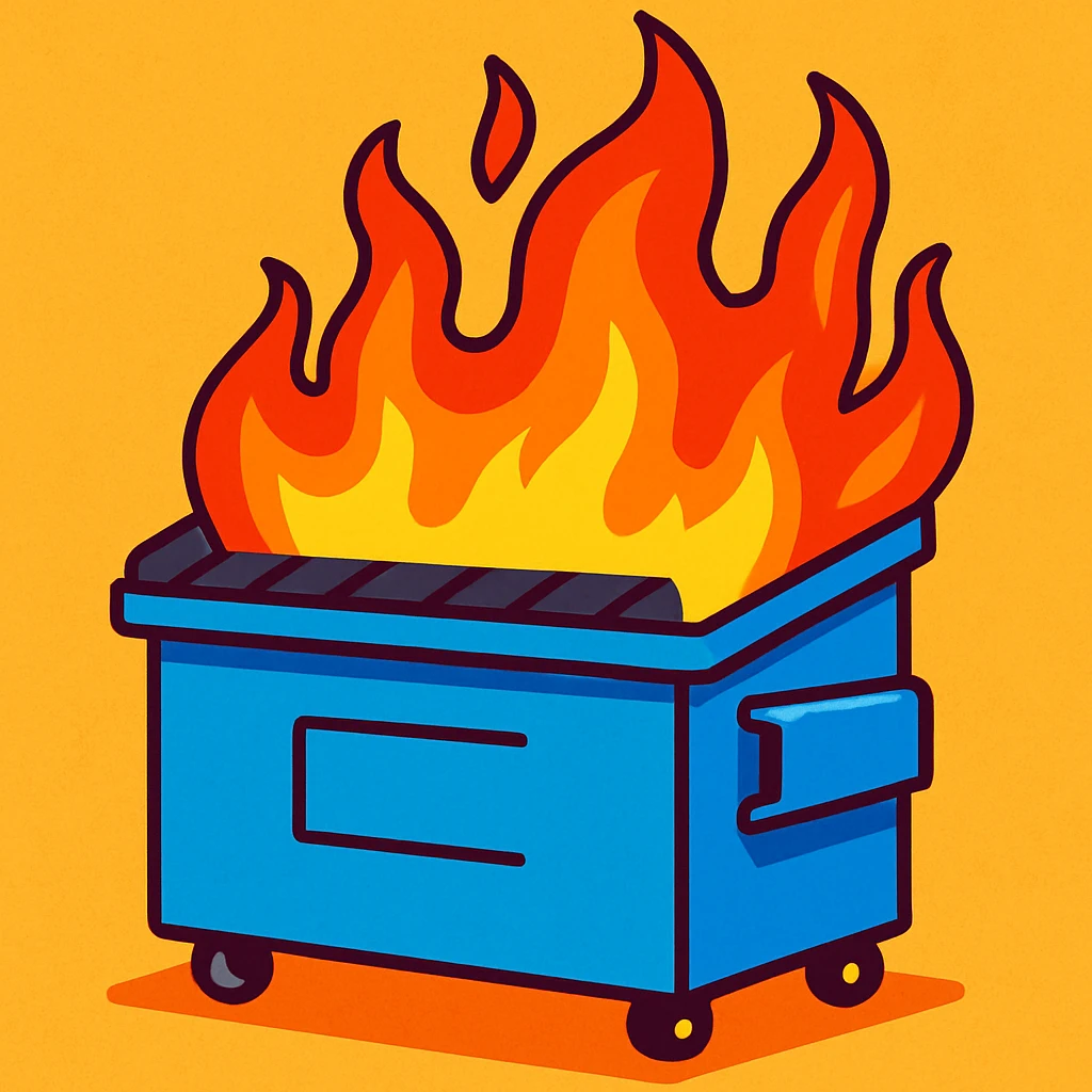 a dumpster on fire, vibrant cartoon style emoji