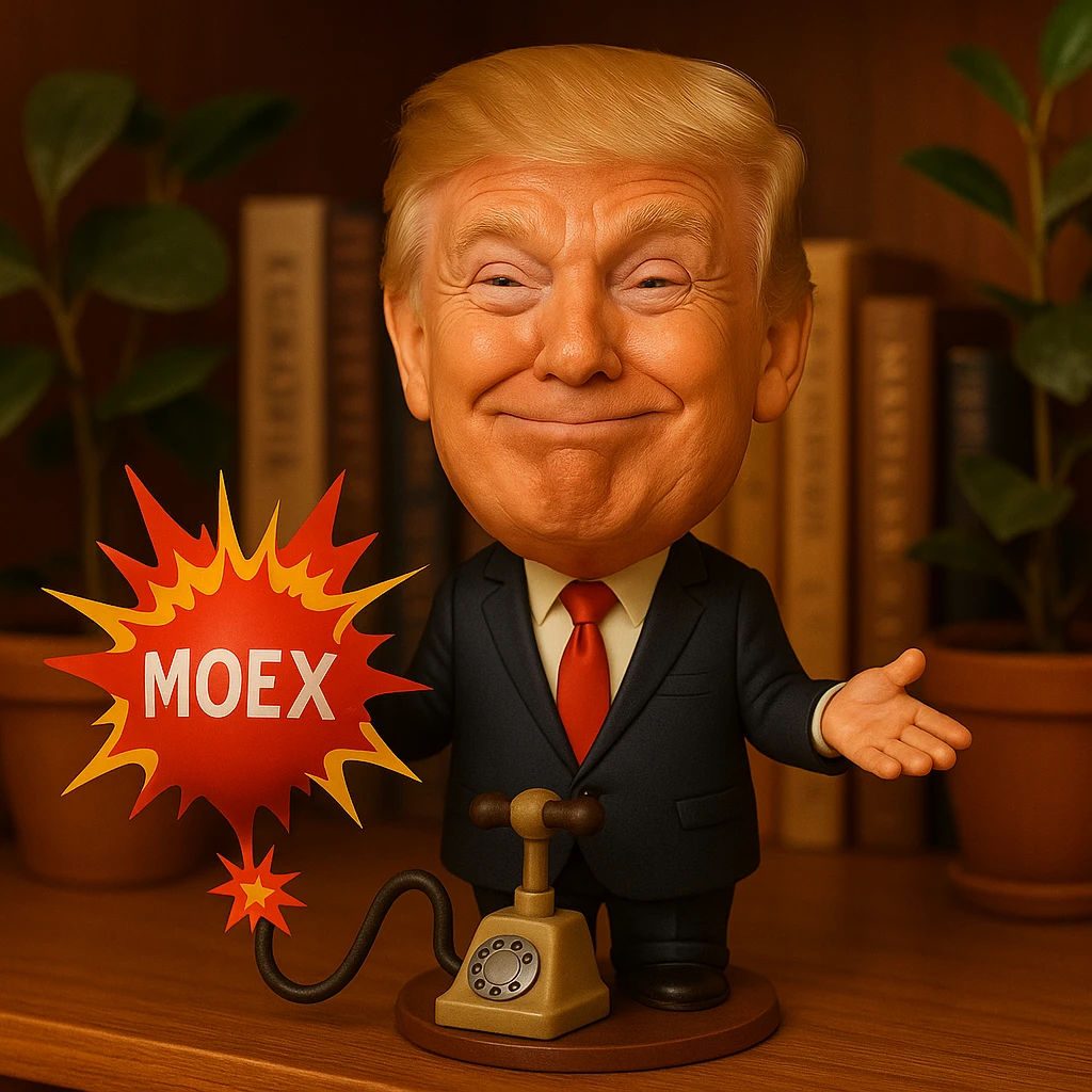 Точно такой же Дональд Трамп с точно такими же вещами как на картинке разводит руками с улыбающимся лицом, а шарик MOEX взрывается, мол извините emoji