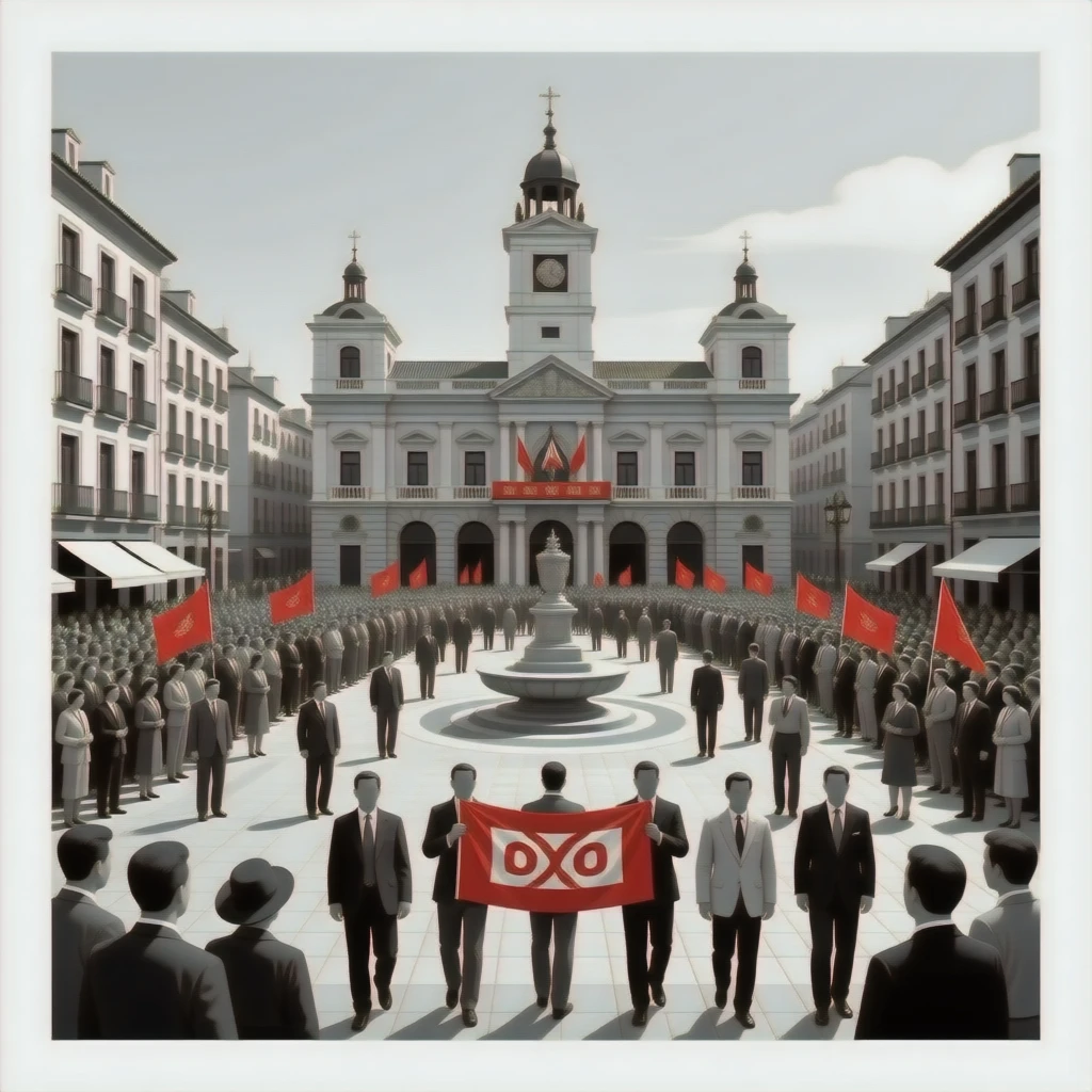 Crowd of people in a 1930s Spanish city square, carrying banners, high contrast black and white with red accents, dramatic perspective. emoji