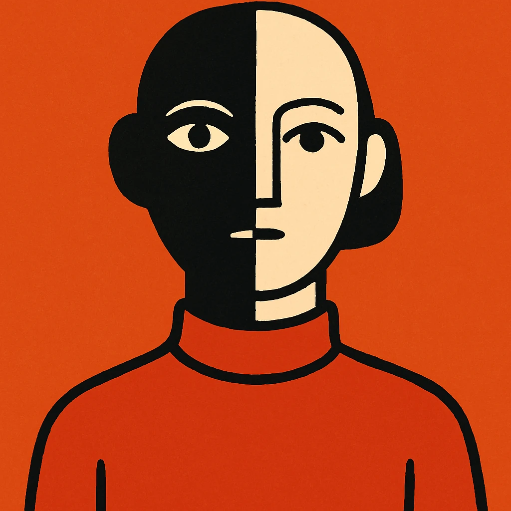 A character with a face divided into black and white halves by a vertical line: the left half is black with a white eye, and the right half is white with a black eye. The character is dressed in a red sweater with a high neck. emoji