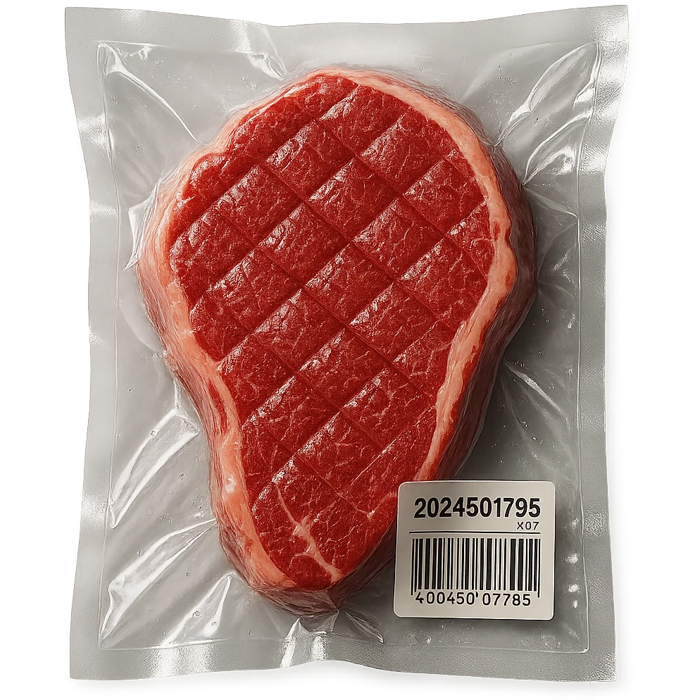 diamond-textured meat steak, shiny and inflated, vacuum-sealed style emoji