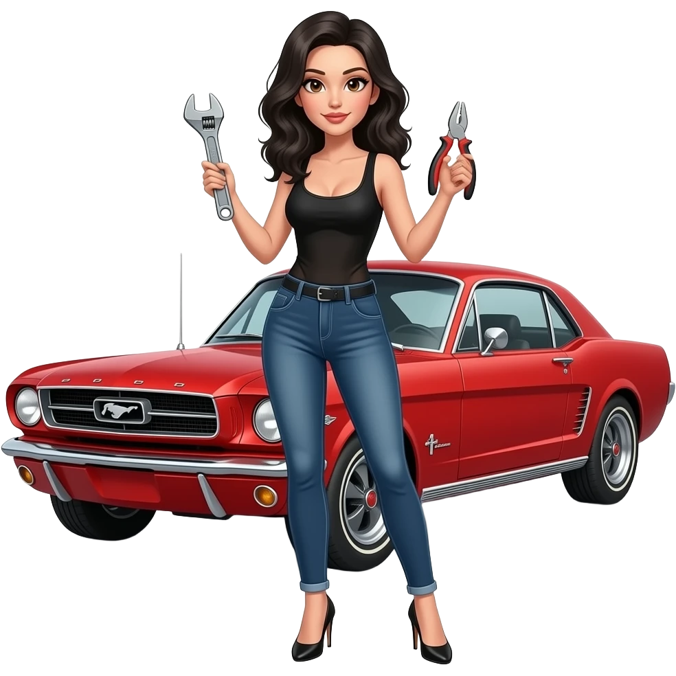 Pale girl with wavy jet black hair and brown eyes in front of a red ford mustang 1968 coupe. Girl wearing a sheer black sleeveless top, low rounded neckline, jeans and heels with visible toes. Girl holding an adjustable wrench in his right hand and a pair of pliers in his left hand. emoji