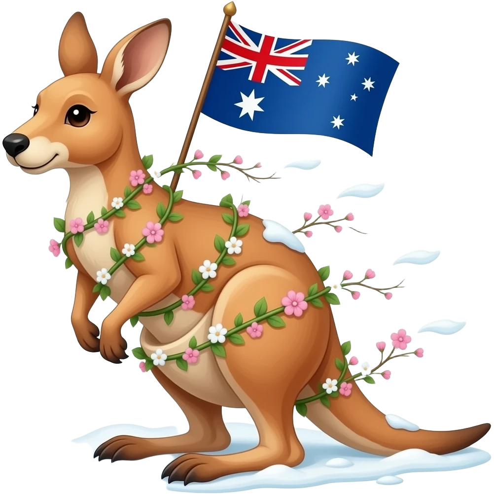 Lots of pink and white vines, wind swirls, snow, and flowers wrapped around the Australian  flag with a white and pink Kangaroo holding the flag emoji