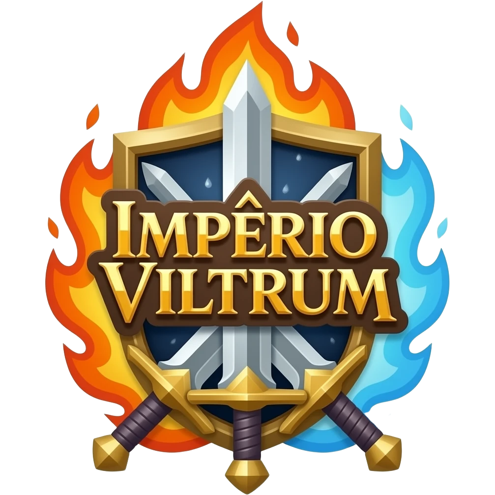 logo para guilda de rpg escrito IMPÉRIO VILTRUM com espadas de magia, ao redor da logo com fogo e gelo com acento normal é emoji