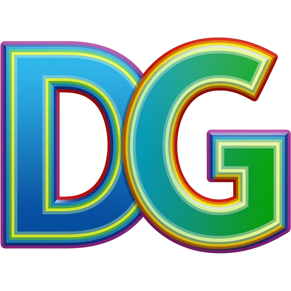 name "d&g" in bright blue teal green 3D style typography lettering, each color of the rainbow as a border outlined around each letter, isolated, 3d rendering, no emoji icons no emoji faces and must have no human figures emoji
