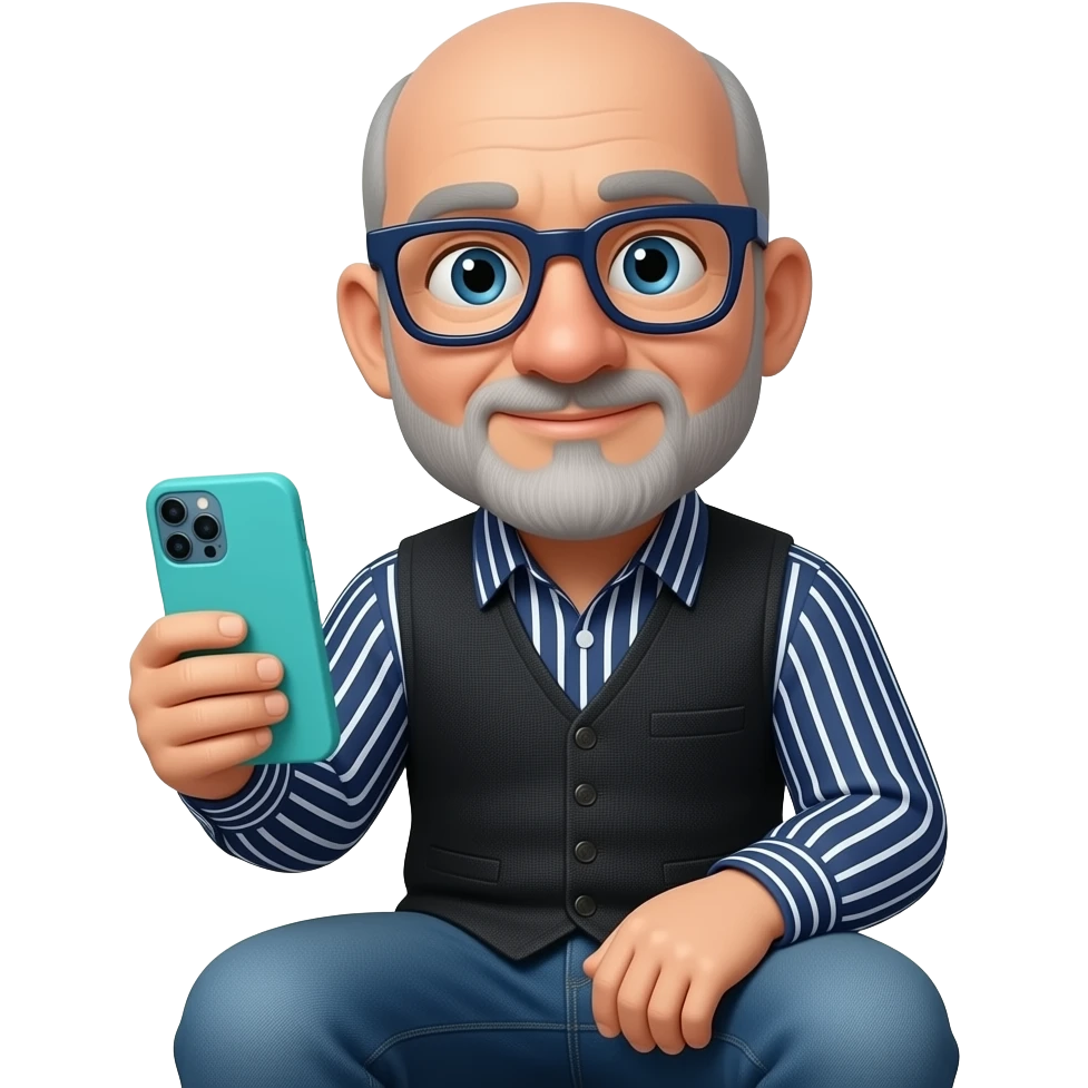 Señor sentado orejas grandes gafas cuadradas azul oscuras nariz grande y un poco de barba gris y casi calvo canoso Está con un teléfono móvil de funda turquesa y una camisa azul marino con líneas blancas verticales y horizontales que se cruzan encima un chaleco de tela negro y vaqueros azules. emoji