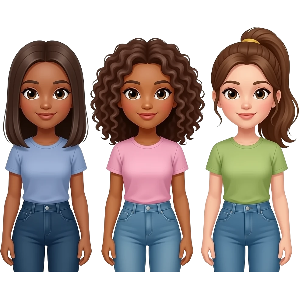 Make three girls, one with straight dark brown hair, one with curly brown hair and one with a high ponytail emoji