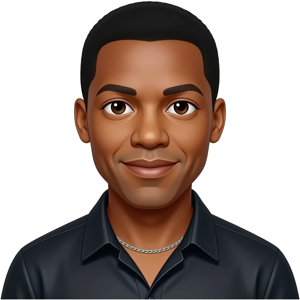 Denzel Washington with dark brown eyes, black hair, black metallic shirt, silver necklace emoji