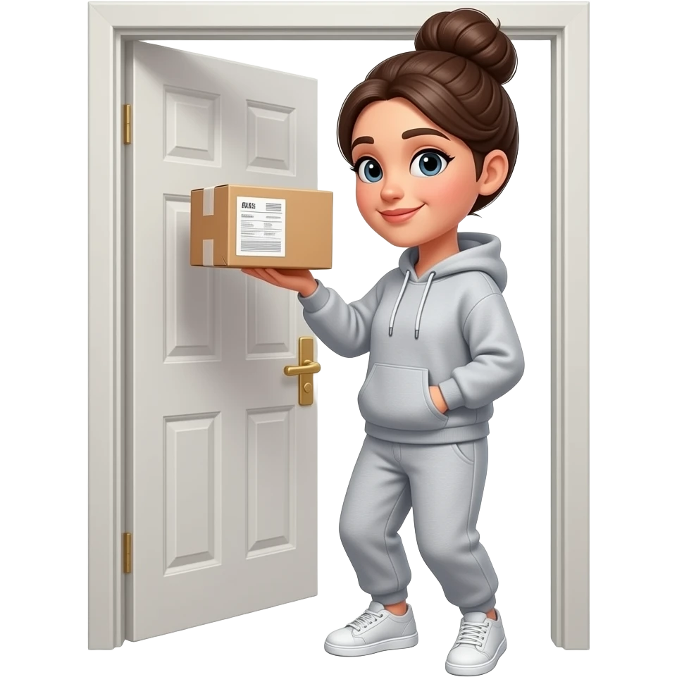 pretty woman in a sweatshirt, sweat pants and a bun opening a door to pick up her package emoji