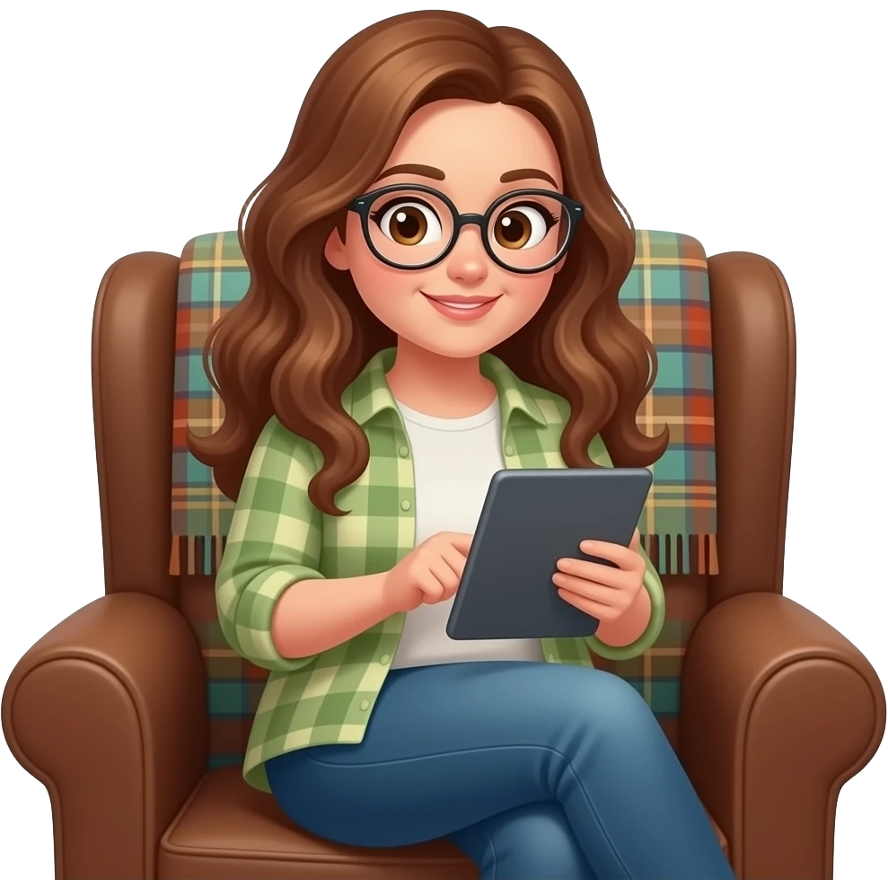 detailed emoji illustration of a curvy woman with long light chestnut brown wavy hair, light brown eyes and round glasses sitting in a brown armchair with a planket scottish pattern in the back while reading on an e-reader tablet, cozy reading atmosphere, cute emoji style emoji