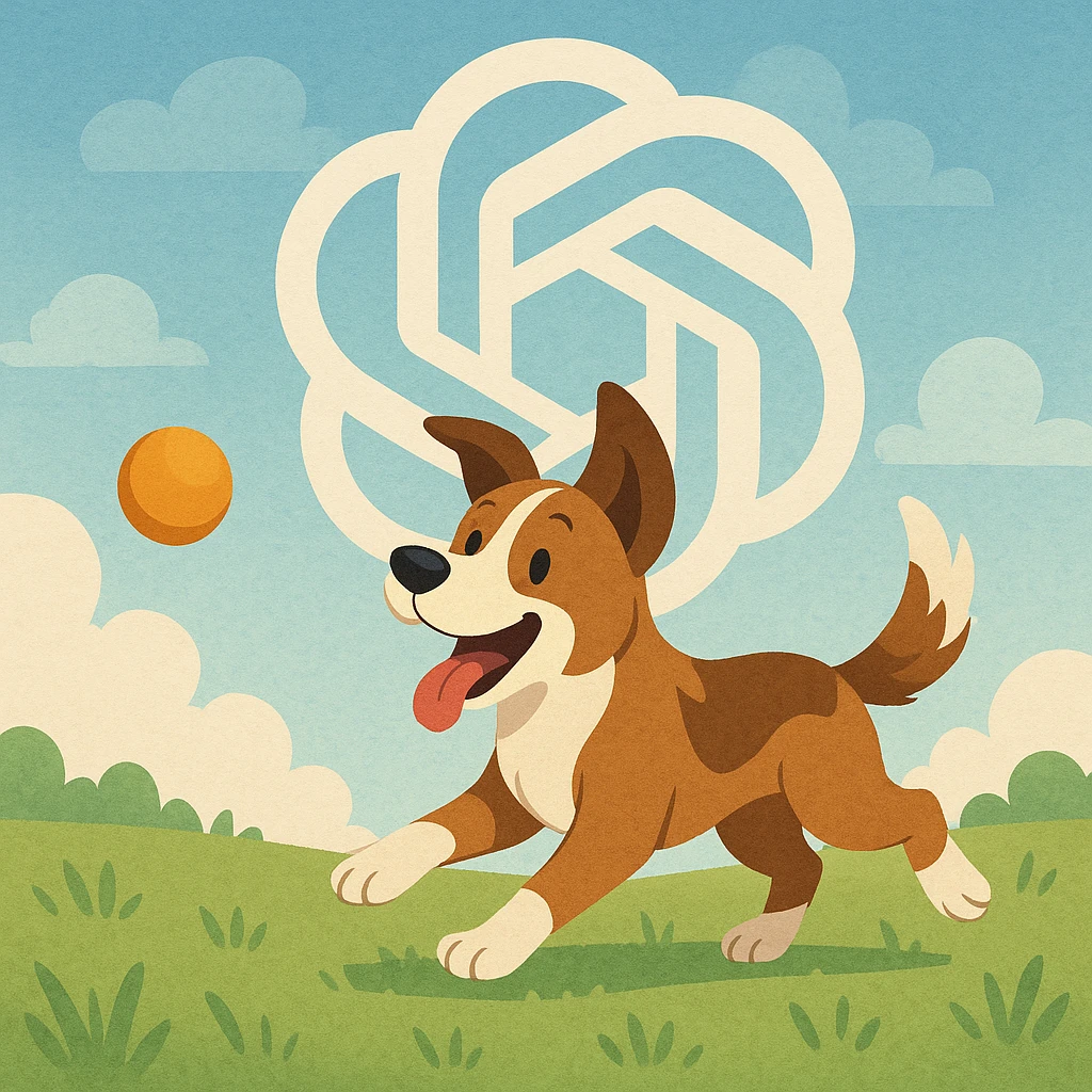 chat gpt image logo on the background of a dog chasing ball emoji
