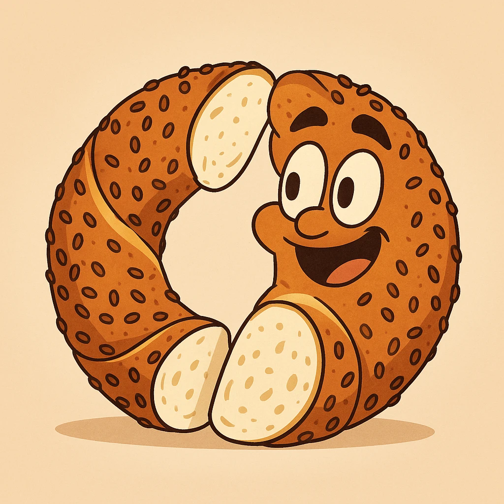 a simit sliced in half, showing soft interior, flat cartoon style, playful and clean look emoji