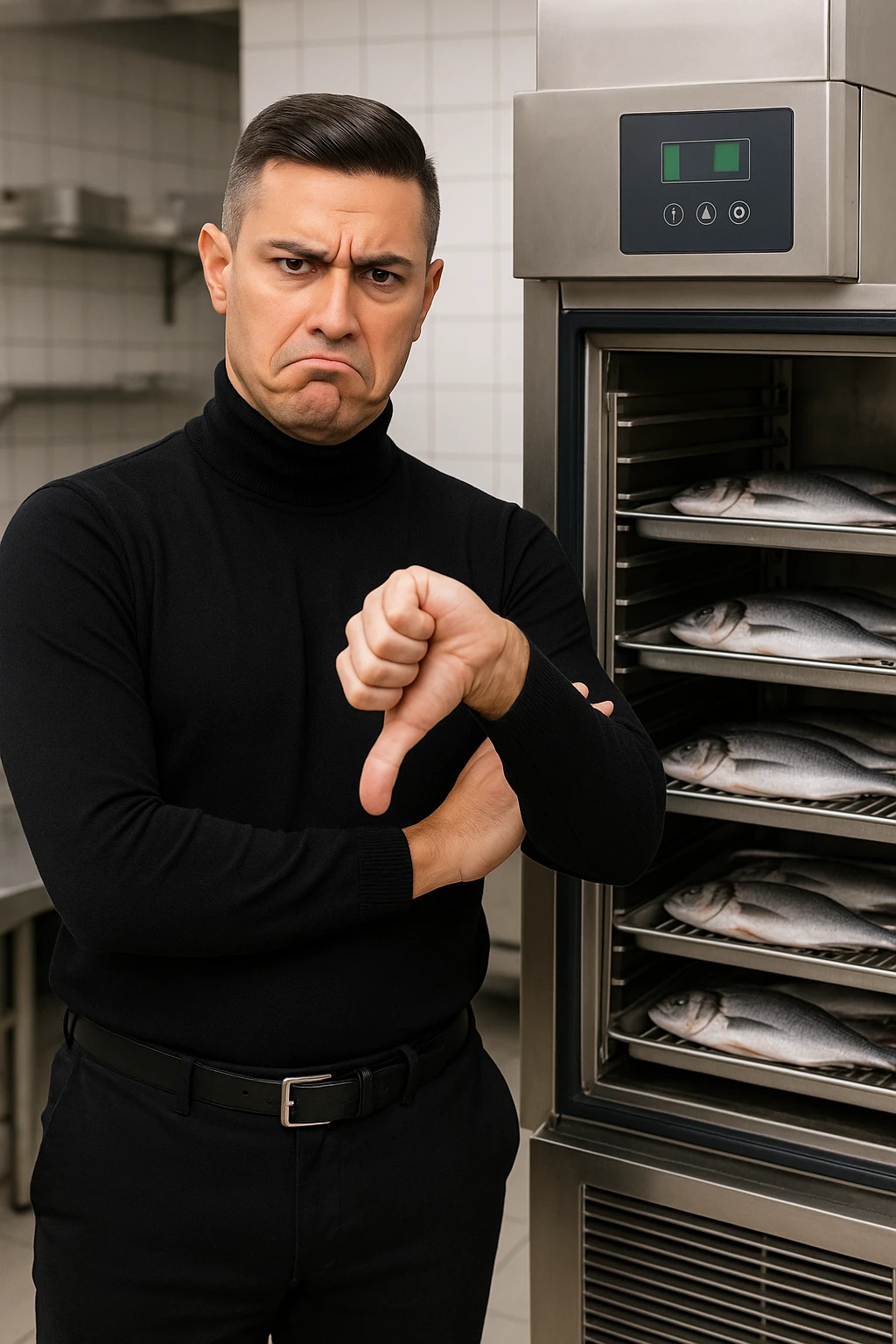a man stands in front of a commercial fish blast freezer (abbattitore), arms crossed and a displeased, skeptical expression on his face. He shakes his head or gives a thumbs down, clearly rejecting the use of the freezer. The background shows a professional kitchen or fish processing area, with trays of fish ready for freezing. in italiano emoji