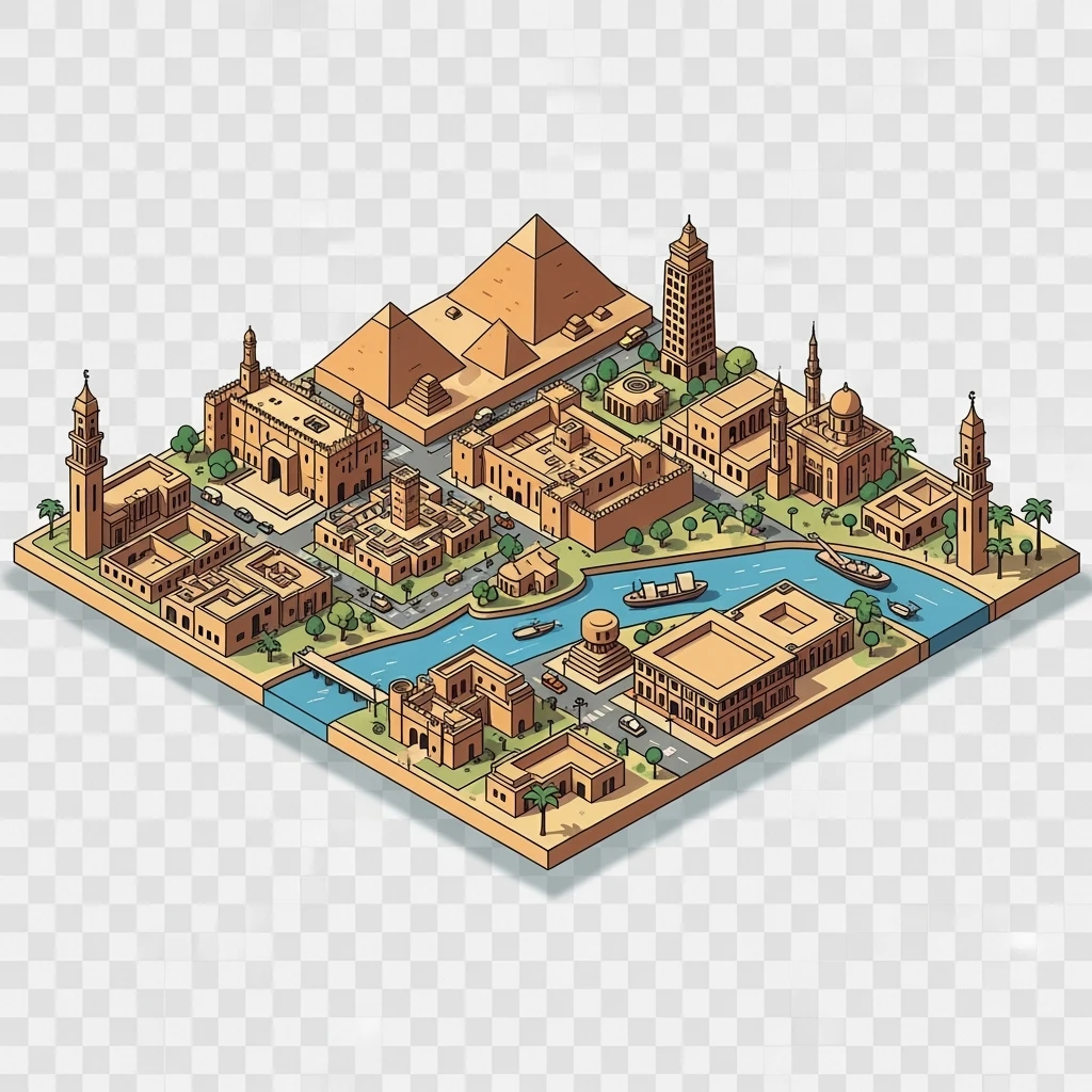 Isometric minimalistic illustration of Cairo, subtle 3D miniature effect and Tilt Shift effect, no cartoonish look, transparent background. emoji