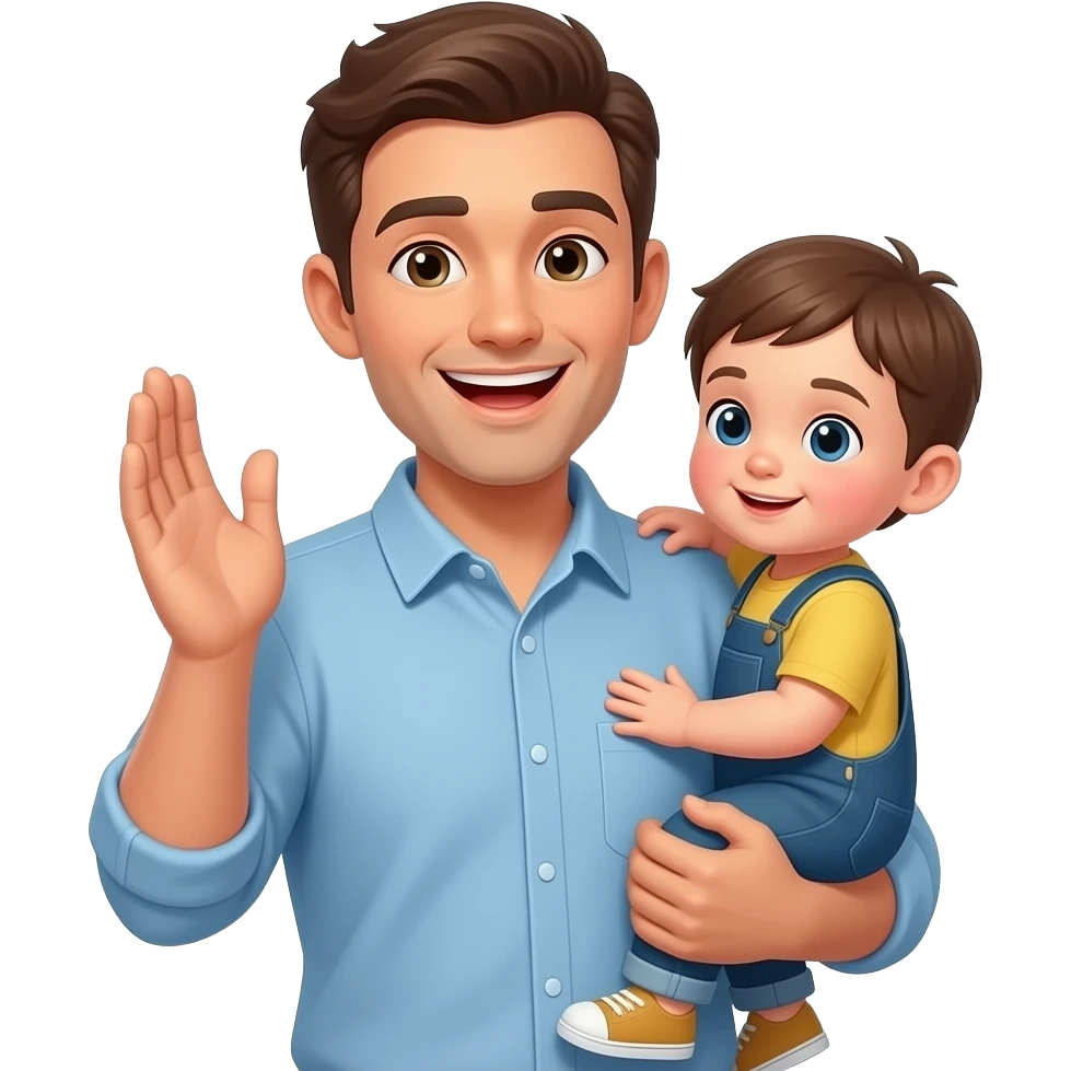Create the smile emoji as he holds his 2 years with hands and saying sorry emoji