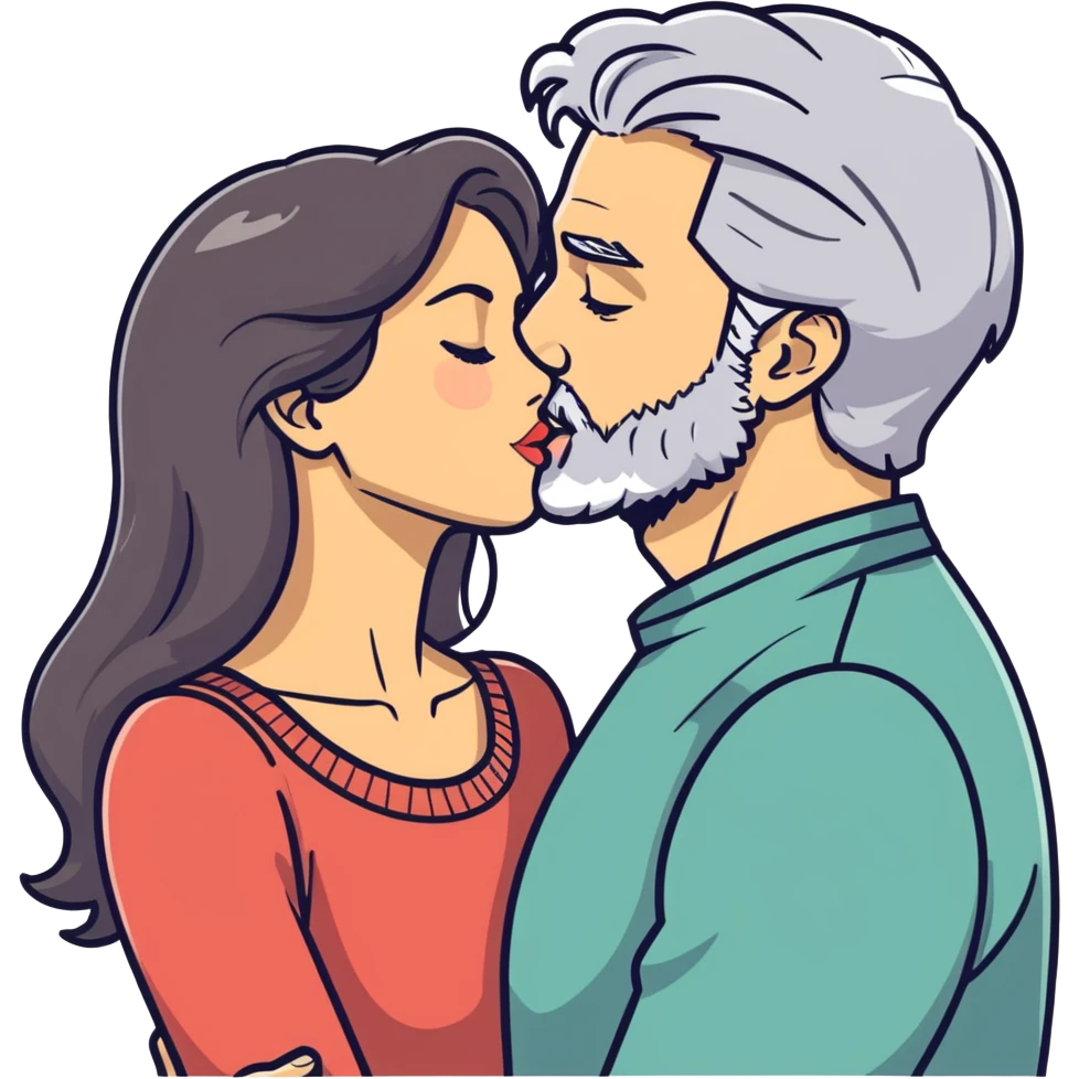 Grey haired bearded man and pretty brunette woman kissing  emoji