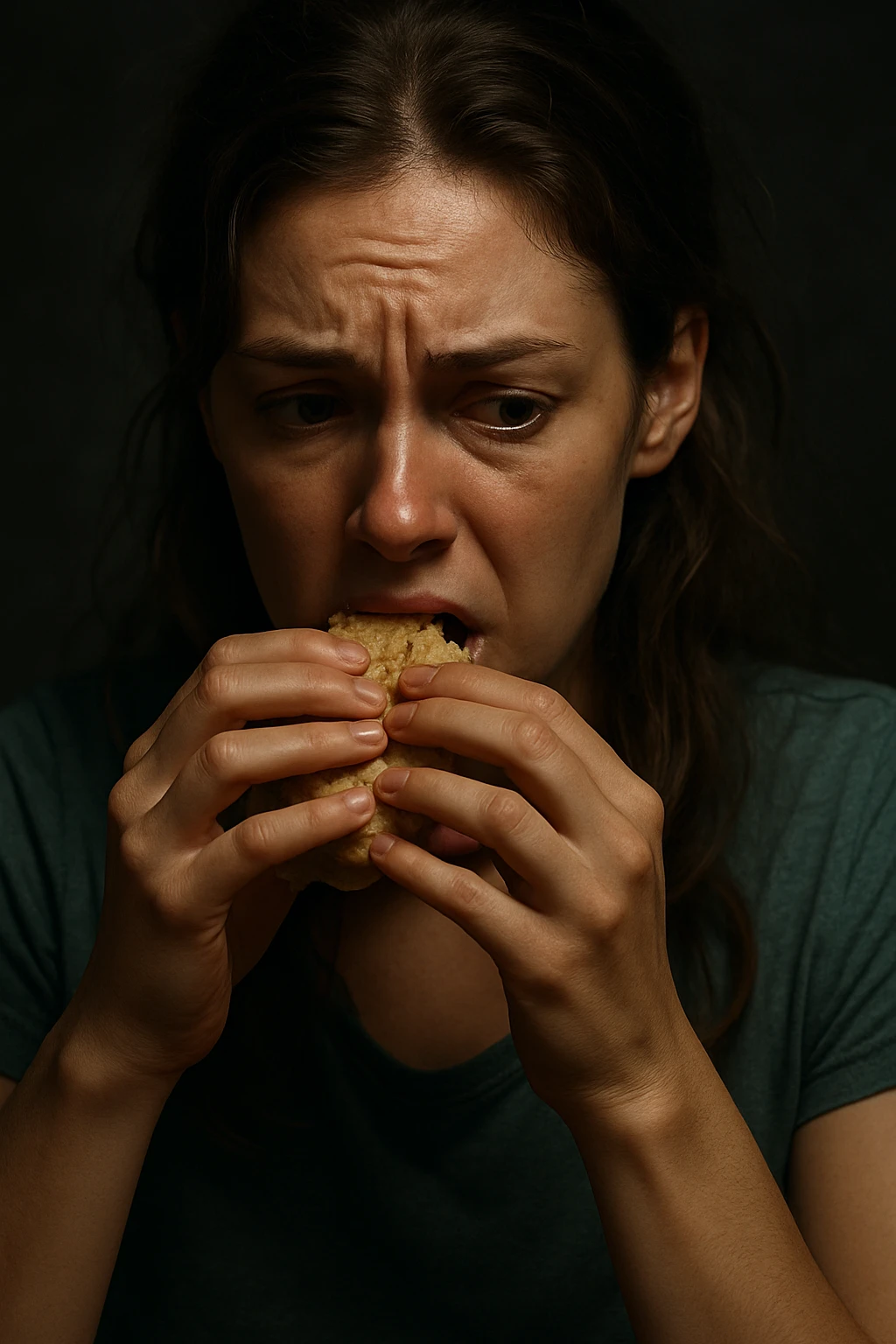 realistic and cinematic image of a woman with nervous hunger due to menstrual cycle, realistic details, clinical dramatic lighting, no text, vertical 2:3 format emoji