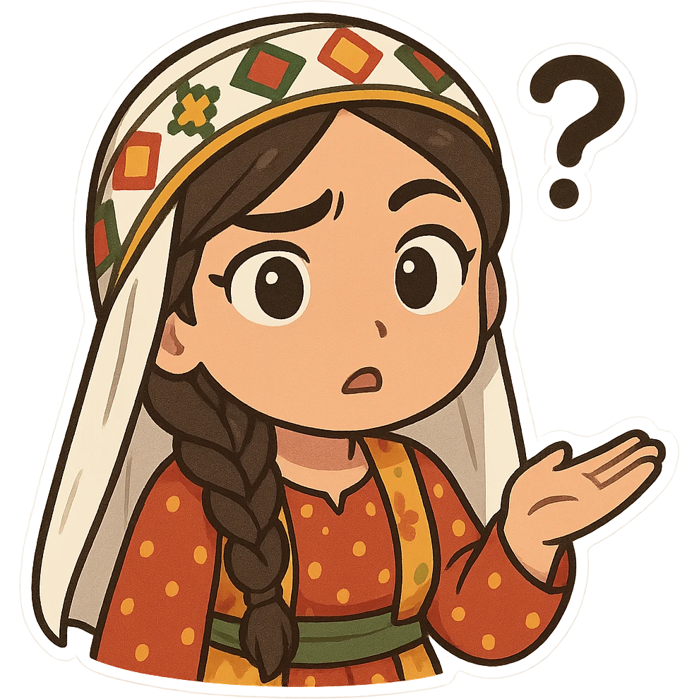 Kurdish man or woman in jamadani, cartoon style, confused or questioning expression with one eyebrow raised, hand up as if asking 'really?', no text emoji
