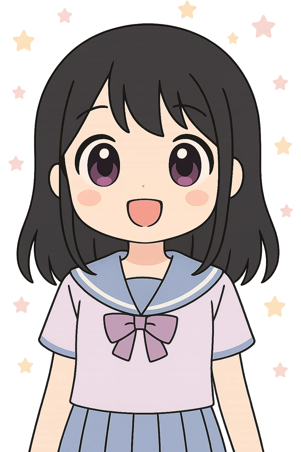 Change hair color to black, keep anime girl with purple eyes, kawaii style, big eyes, soft shading, no background. emoji