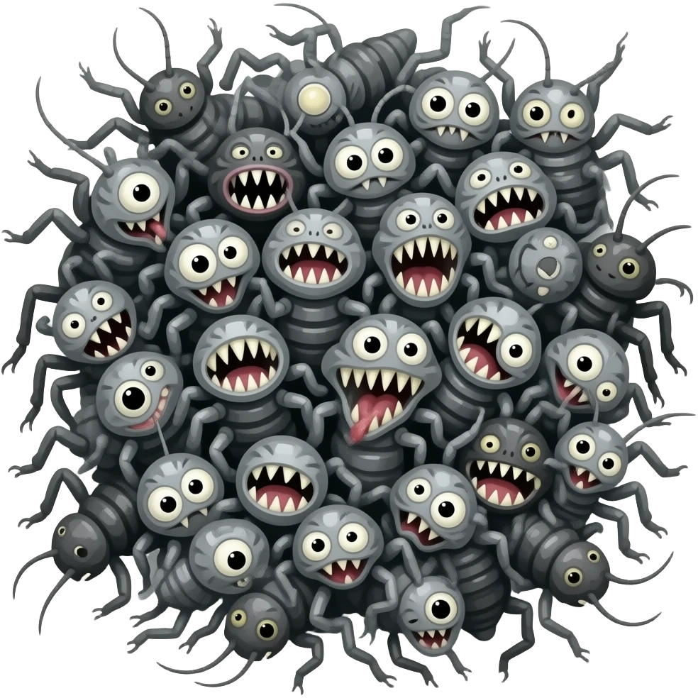 bugs emoji just bugs everywhere all corners  emoji shades of grey black white emoji piles of grey bugs black bugs grey bugs white bugs teeth large teeth large fangs large eyes inflated eyes pain sorrow bugs writhing bugs scared bugs piles and piles dead bugs emoji