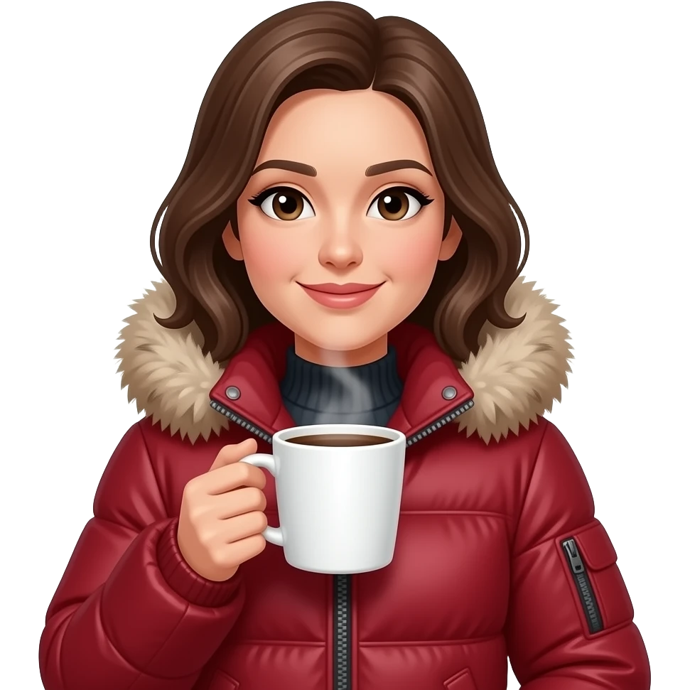 dani daniels woman with Winter red Jacket and Hot Coffee emoji