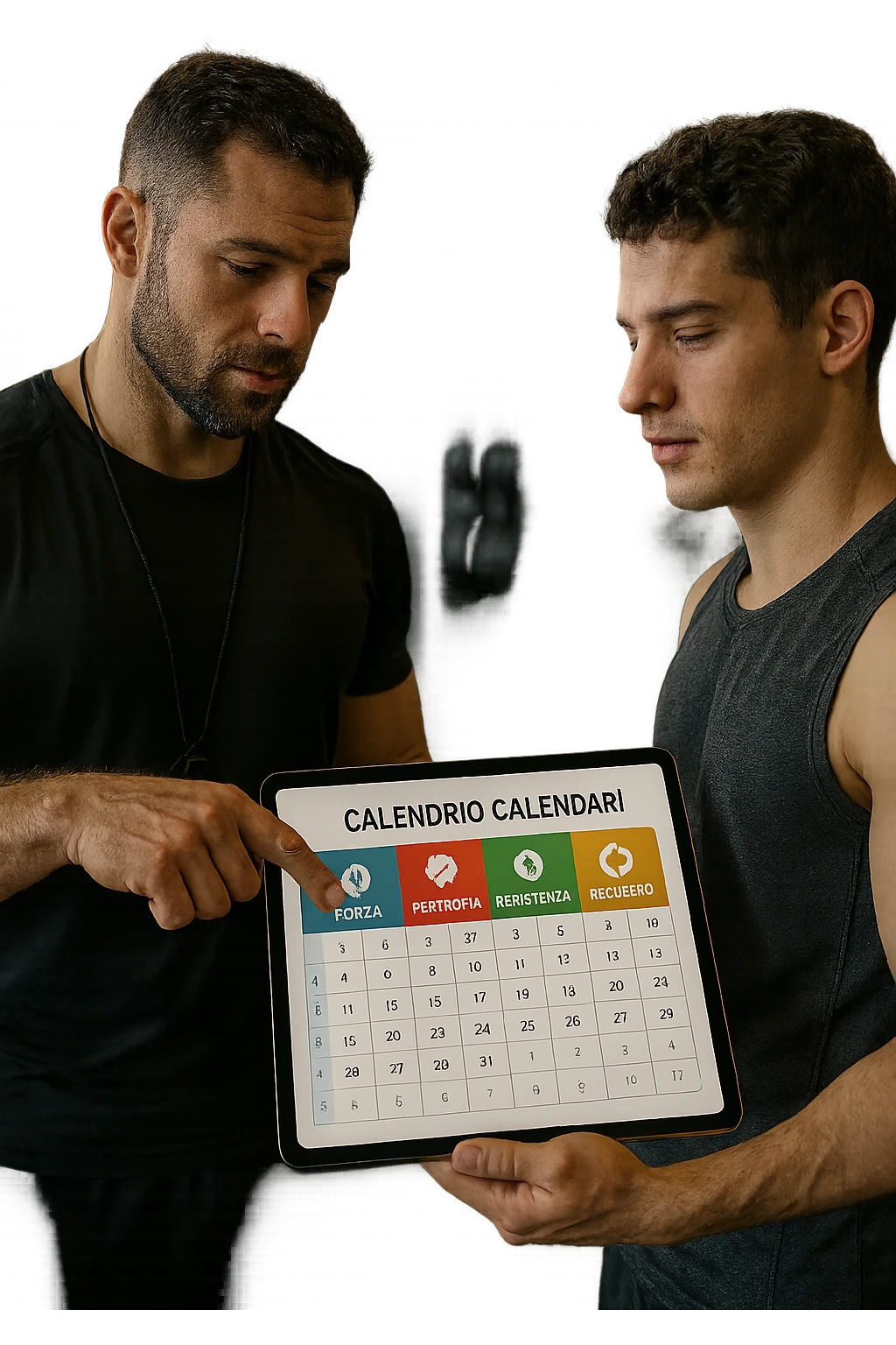 realistic cinematic photo a personal trainer and a client stand in a modern gym, reviewing a large, color-coded training calendar or chart on a tablet. The calendar shows different phases (Forza, Ipertrofia, Resistenza, Recupero) with icons and dates. Around them, gym equipment and motivational posters reinforce the idea of structured, periodized training. in italiano emoji