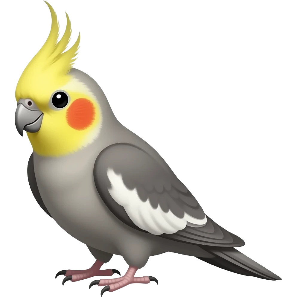 Pássaro com corpo cinza, cabeça amarela, bochechas vermelhas, topete amarelo e... emoji