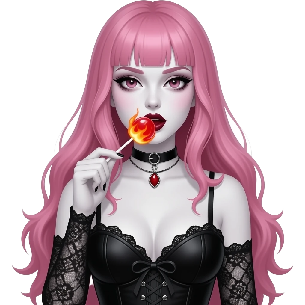 Sexy pink haird gothic woman with huge boobs licking a red lollipop on fire emoji